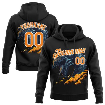 Custom Fire Dragon Hoodie - Personalized Black Bay Orange-White 3D Pattern Pullover Sweatshirt with Team Name and Number