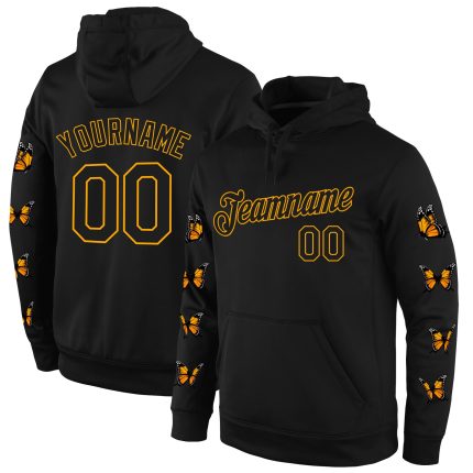 Custom Butterfly Hoodie with 3D Black-Gold Pattern, Personalized Name & Number, Sports Pullover Sweatshirt Personalized Stitched