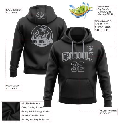 Custom Stitched Black-Gray Football Hoodie with Personalized Name & Number - Pullover Sweatshirt Personalized Stitched Black