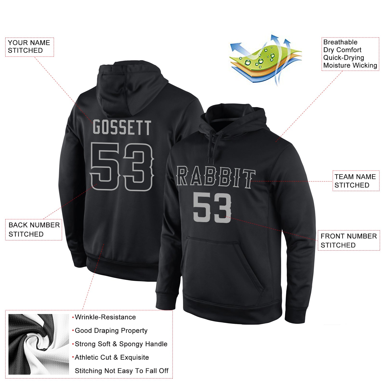 Personalized Stitched Black Black-Gray Sports Pullover Sweatshirt Hoodie Team Custom Name and Number Custom Name & Number Black-Gray Sports Hoodie Sweatshirt Pullover - Personalized Stitched Team Apparel Personalized Stitched - Image 4