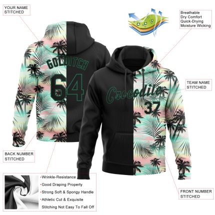Custom Tropical Palm Leaves 3D Pattern Hoodie with Name & Number - Personalized Black & Green Sports Sweatshirt Personalized