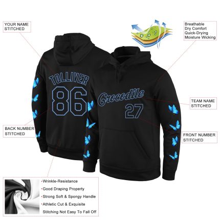 Custom Name & Number Personalized 3D Butterfly Sports Hoodie, Black & Light Blue Stitched Pullover Sweatshirt Personalized