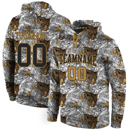 Custom Leopard Sports Hoodie | Personalized 3D Pattern Pullover Sweatshirt with Name & Number - Black/Old Gold Personalized