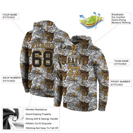 Custom Leopard Sports Hoodie | Personalized 3D Pattern Pullover Sweatshirt with Name & Number - Black/Old Gold Personalized