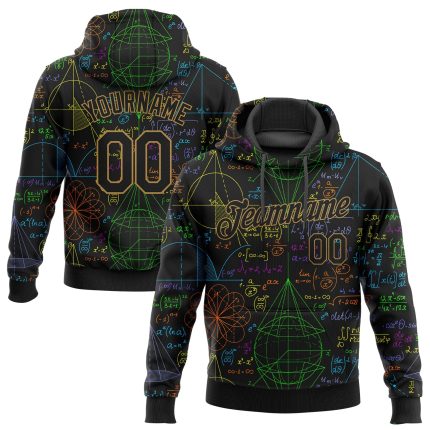 Custom Math Sports Hoodie - Personalized 3D Pattern Pullover Sweatshirt for Team, Black with Old Gold Design, Name and Number