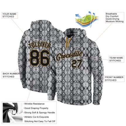Custom Name and Number Snakeskin Sports Hoodie with 3D Pattern Design - Personalized Stitched Black and Gold Pullover Sweatshirt