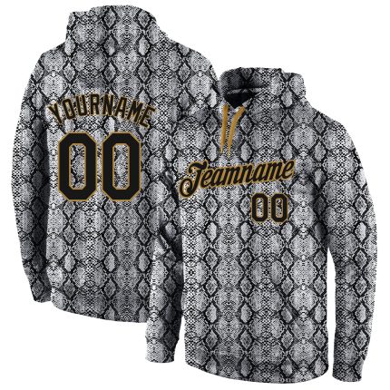 Custom Name and Number Snakeskin Sports Hoodie with 3D Pattern Design - Personalized Stitched Black and Gold Pullover Sweatshirt