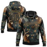 Personalized 3D Tiger Peacock Sports Hoodie with Custom Name & Number - Black Old Gold Pullover Sweatshirt Personalized Stitched