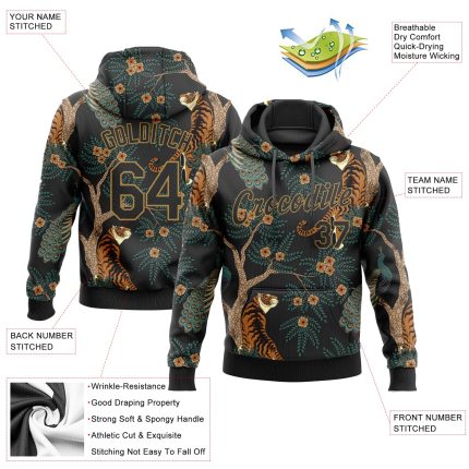 Personalized 3D Tiger Peacock Sports Hoodie with Custom Name & Number - Black Old Gold Pullover Sweatshirt Personalized Stitched
