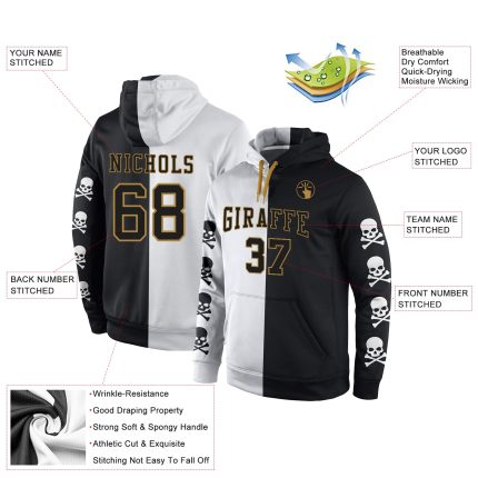 Custom Name Number 3D Skull Hoodie Black Old Gold Sports Sweatshirt Pullover Fashion Personalized Stitched Black Black-Old