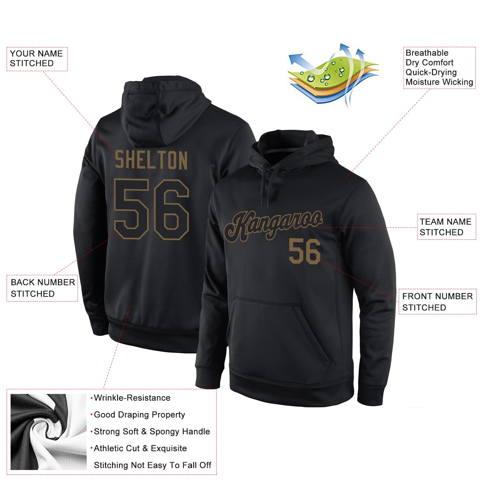 Personalized Stitched Black Black-Old Gold Sports Pullover Sweatshirt Hoodie Team Custom Name and Number Custom Name Number Sports Pullover Hoodie Stitched Black Old Gold Sweatshirt for Team - Personalized Apparel Personalized - Image 4