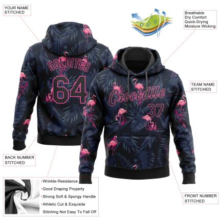 Custom Flamingo Sports Hoodie with 3D Black-Pink Pattern, Personalized Name & Number, Stitched Pullover Sweatshirt Personalized