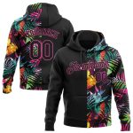 Custom Tropical Palm Leaves 3D Pattern Black-Pink Hoodie Sweatshirt with Name & Number - Personalized Sports Pullover Personalized