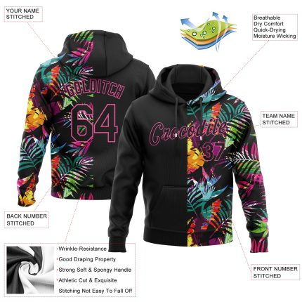 Custom Tropical Palm Leaves 3D Pattern Black-Pink Hoodie Sweatshirt with Name & Number - Personalized Sports Pullover Personalized