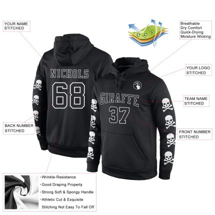 Custom 3D Skull Hoodie for Sports - Personalized Black and White Pullover Sweatshirt with Team Name and Number Personalized
