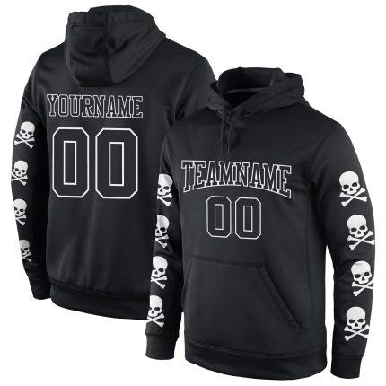 Custom 3D Skull Hoodie for Sports - Personalized Black and White Pullover Sweatshirt with Team Name and Number Personalized