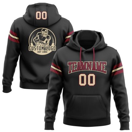 Custom Stitched Football Hoodie Sweatshirt with Personalized Name and Number - Black Cream-Crimson Design Personalized Stitched