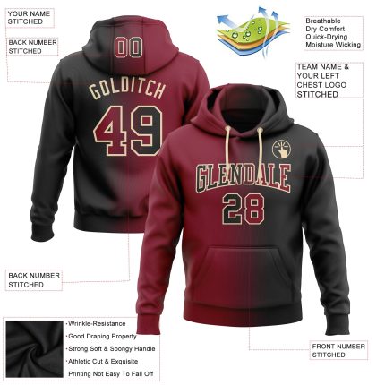 Custom Name and Number Sports Pullover Hoodie - Black Crimson-City Cream Gradient Stitched Fashion Sweatshirt Personalized