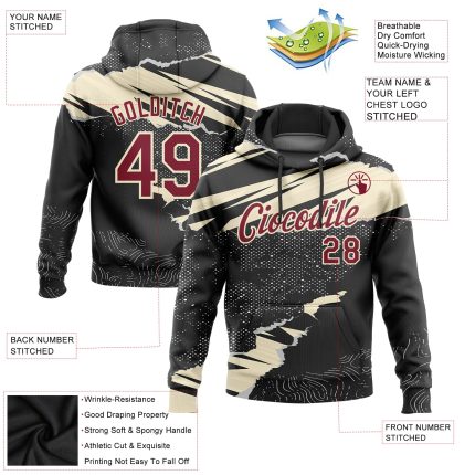 Custom Name Number 3D Pattern Black Crimson-Cream Torn Paper Style Sports Hoodie Personalized Stitched Pullover Sweatshirt