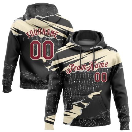 Custom Name Number 3D Pattern Black Crimson-Cream Torn Paper Style Sports Hoodie Personalized Stitched Pullover Sweatshirt
