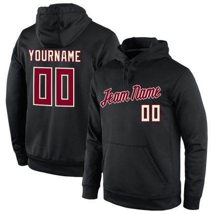 Custom Name Number Black Crimson-Cream Sports Hoodie Pullover Sweatshirt - Personalized Team Apparel Personalized Stitched