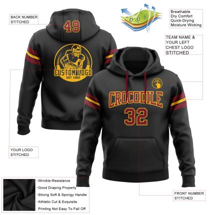 Custom Football Hoodie Black Crimson Gold with Stitched Name and Number - Personalized Pullover Sweatshirt Personalized Stitched