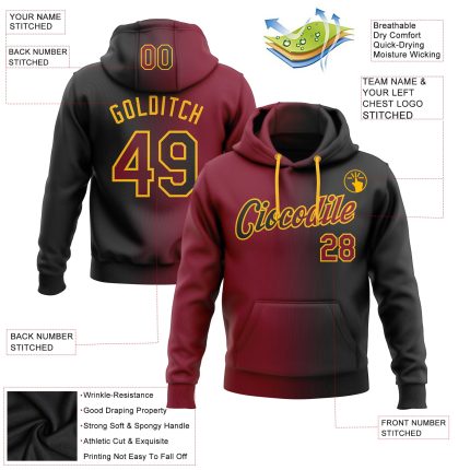 Custom Stitched Sports Hoodie Black Crimson-Gold Gradient with Name & Number | Personalized Pullover Sweatshirt Personalized
