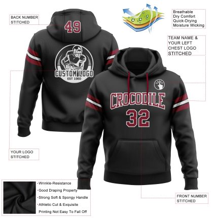 Custom Name Number Football Hoodie Pullover Sweatshirt Black Crimson White - Personalized Team Apparel Personalized Stitched