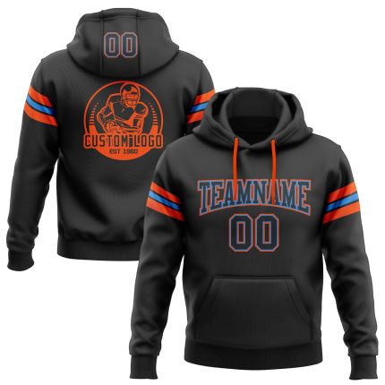 Custom Black Electric Blue-Orange Football Hoodie with Stitched Name & Number - Personalized Pullover Sweatshirt Personalized
