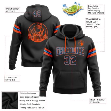 Custom Black Electric Blue-Orange Football Hoodie with Stitched Name & Number - Personalized Pullover Sweatshirt Personalized