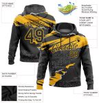 Custom Sports Hoodie with Personalized Name and Number, Stitched Black Gold 3D Torn Paper Style Sweatshirt Personalized Stitched