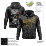 Custom Name Number 3D Skull Hoodie Pullover Sports Sweatshirt Black Gold Personalized Design Personalized Stitched Black