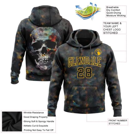 Custom Name Number 3D Skull Hoodie Pullover Sports Sweatshirt Black Gold Personalized Design Personalized Stitched Black