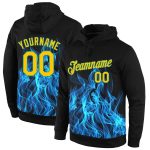 Custom Name & Number Flame Sports Hoodie Stitched Black Gold-Aqua 3D Pattern Design Pullover Sweatshirt Personalized Stitched