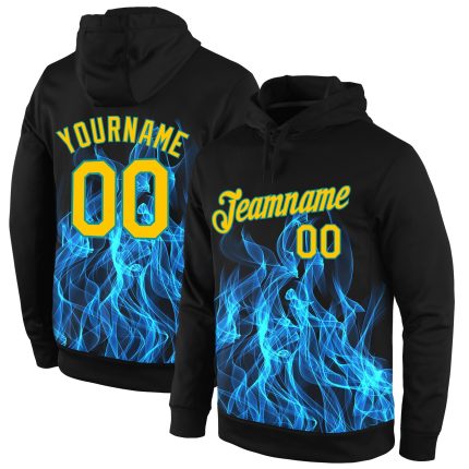 Custom Name & Number Flame Sports Hoodie Stitched Black Gold-Aqua 3D Pattern Design Pullover Sweatshirt Personalized Stitched