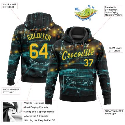 Custom Name and Number Math Sports Hoodie, Personalized 3D Pattern Sweatshirt in Black, Gold & Kelly Green - Team Apparel