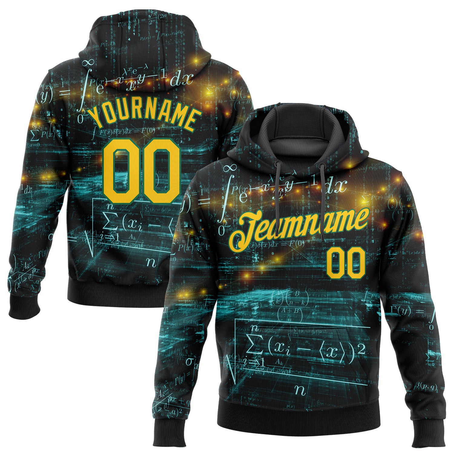 Custom Name and Number Math Sports Hoodie, Personalized 3D Pattern Sweatshirt in Black, Gold & Kelly Green - Team Apparel