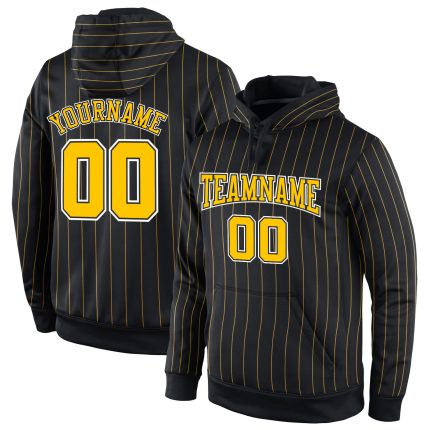 Custom Name and Number Sports Hoodie - Personalized Black Gold Pinstripe Pullover Sweatshirt Personalized Stitched Black