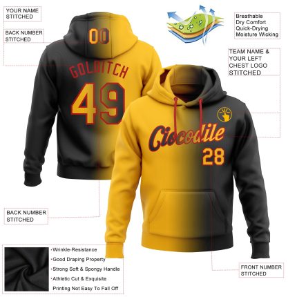Custom Sports Hoodie with Stitched Name & Number - Black Gold-Red Gradient Pullover Sweatshirt Personalized Stitched Black