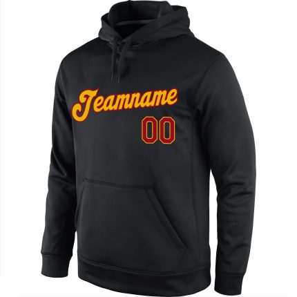 Custom Name and Number Sports Hoodie Sweatshirt - Personalized Black Gold-Red Pullover for Team Personalized Stitched Black
