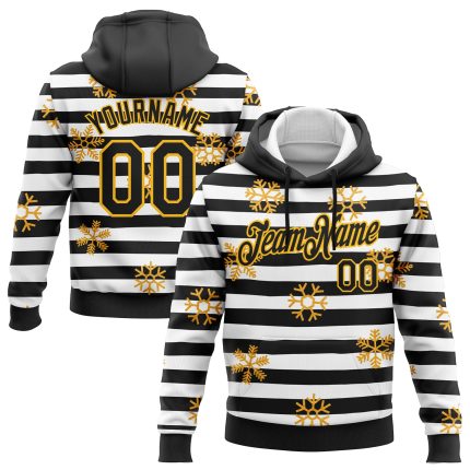 Personalized Black Gold White Christmas Snowflakes 3D Hoodie Pullover Sweatshirt Personalized Stitched Black Gold-White Christmas