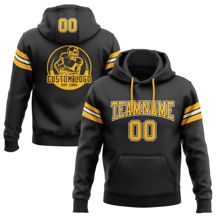 Customizable Black and Gold Football Hoodie Sweatshirt with Stitched Team Name and Number - Personalized Pullover Personalized