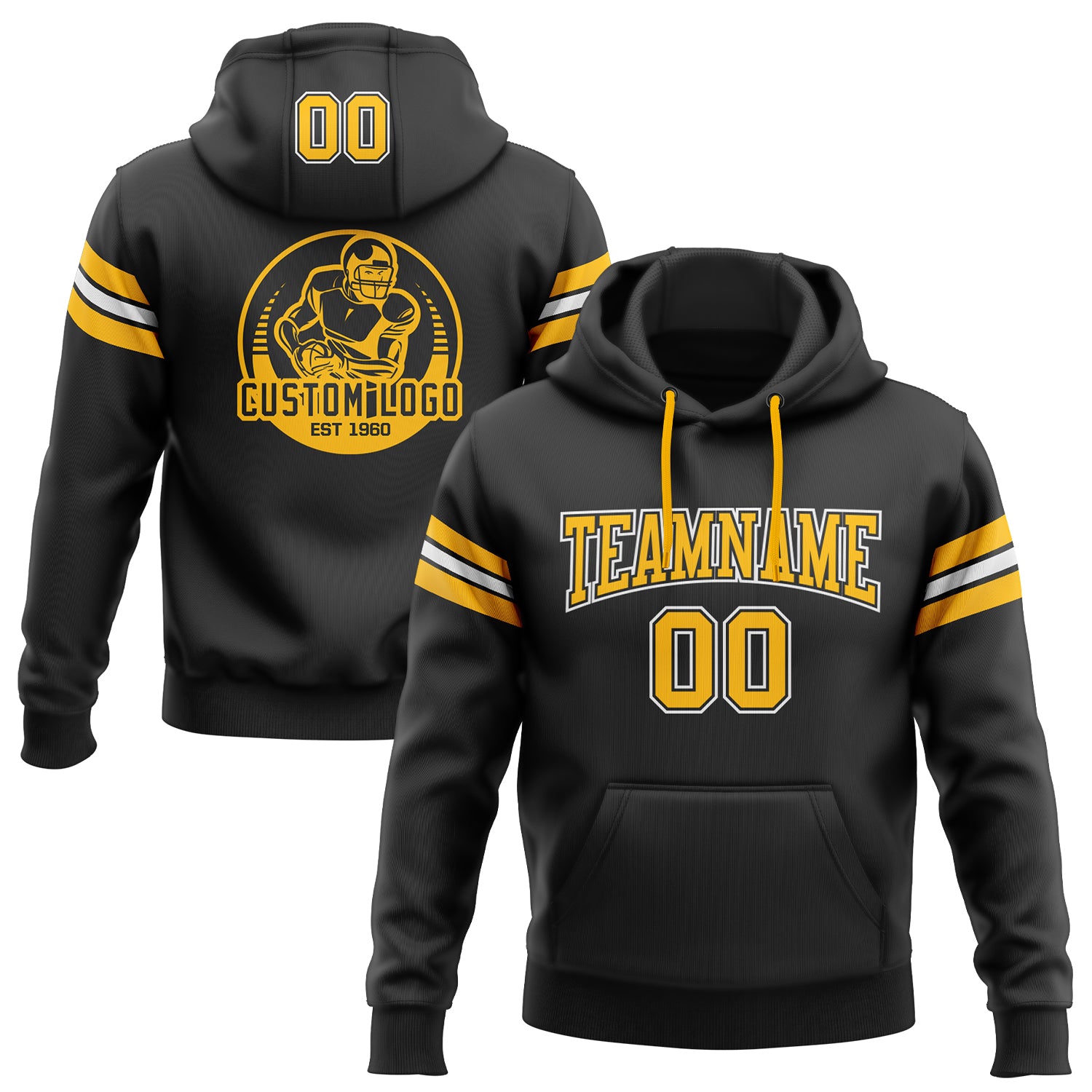 Customizable Black and Gold Football Hoodie Sweatshirt with Stitched Team Name and Number - Personalized Pullover Personalized