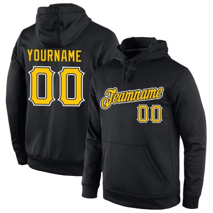 Personalized Black Gold-White Sports Hoodie Pullover Sweatshirt for Men and Women Personalized Stitched Black Gold-White