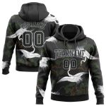 Custom Name Number Sports Hoodie with 3D Pattern Crane & Green Pine Tree, Personalized Black Gray Pullover Sweatshirt Personalized
