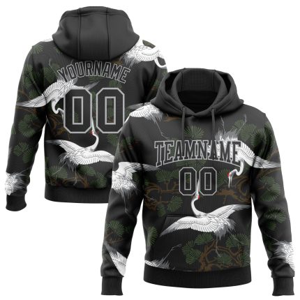 Custom Name Number Sports Hoodie with 3D Pattern Crane & Green Pine Tree, Personalized Black Gray Pullover Sweatshirt Personalized