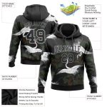 Custom Name Number Sports Hoodie with 3D Pattern Crane & Green Pine Tree, Personalized Black Gray Pullover Sweatshirt Personalized