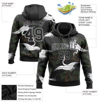 Custom Name Number Sports Hoodie with 3D Pattern Crane & Green Pine Tree, Personalized Black Gray Pullover Sweatshirt Personalized