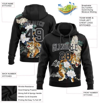 Custom Name and Number 3D Pattern Crane Tiger Sports Hoodie Pullover Sweatshirt Personalized Stitched Black Gray Design Personalized
