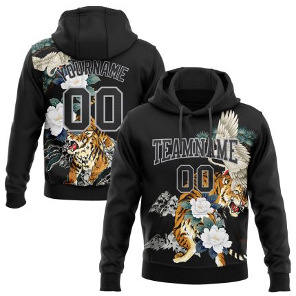 Custom Name and Number 3D Pattern Crane Tiger Sports Hoodie Pullover Sweatshirt Personalized Stitched Black Gray Design Personalized